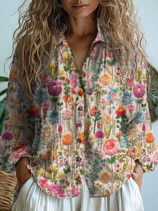 Women's Plain Floral Art Print Casual Button-Down Long Sleeve Shirt