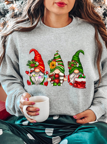 Unisex Three Christmas Gnome Pattern Casual Long Sleeve Crew Neck Sweatshirt