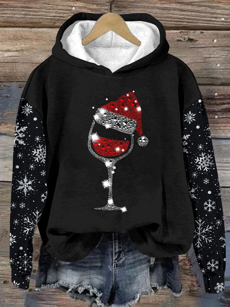 Unisex Wine Glass Santa Hat Pattern Casual Long Sleeve Hooded Sweatshirt