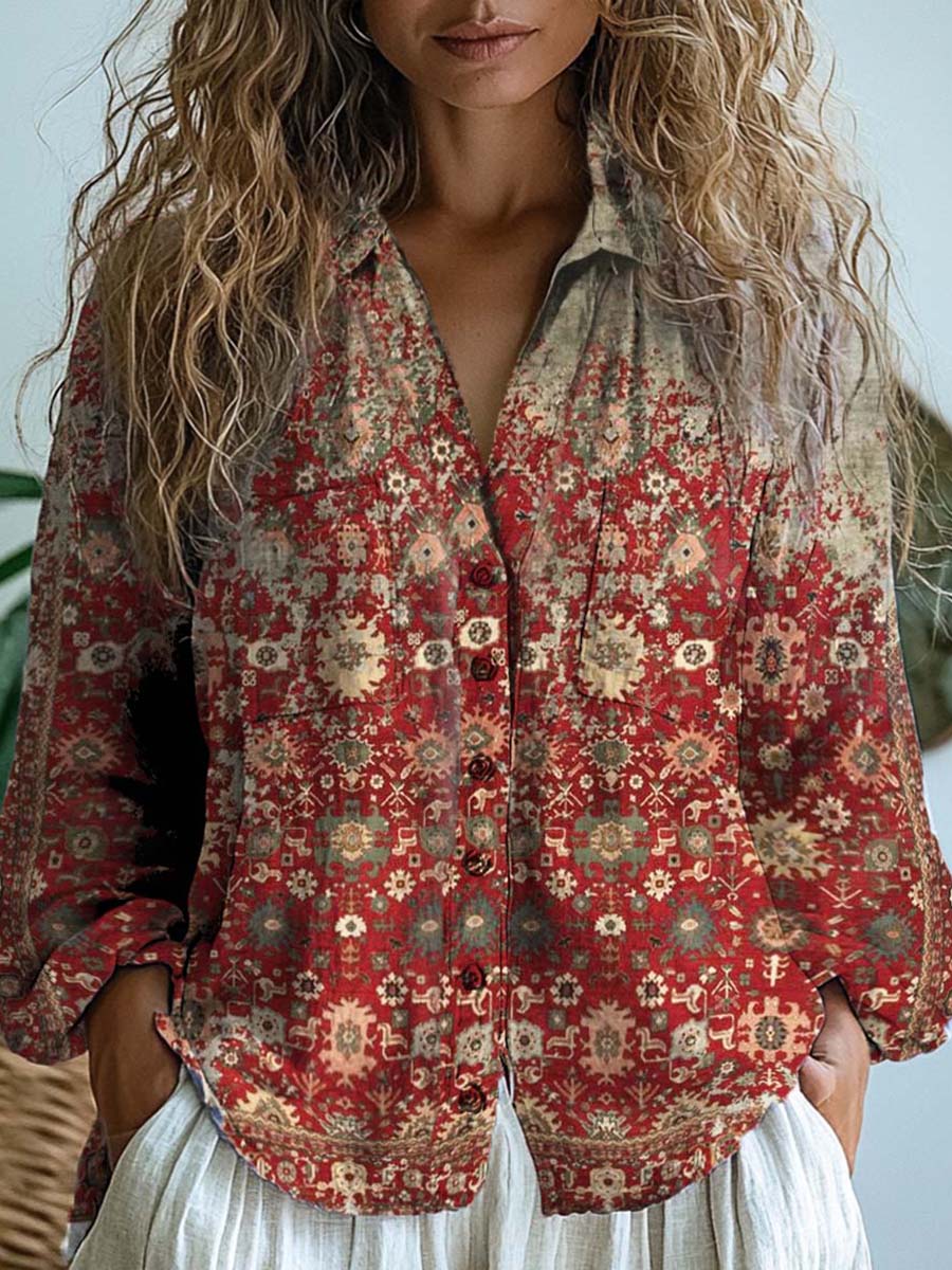 Women's Retro Ethnic Art Print Casual Button Up Long Sleeve Shirt