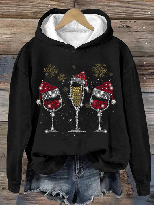 Unisex Wine Glass Santa Hat Snowflake Pattern Casual Long Sleeve Hooded Sweatshirt