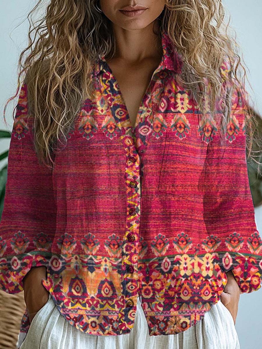 Women's Retro Ethnic Art Print Casual Button Up Long Sleeve Shirt