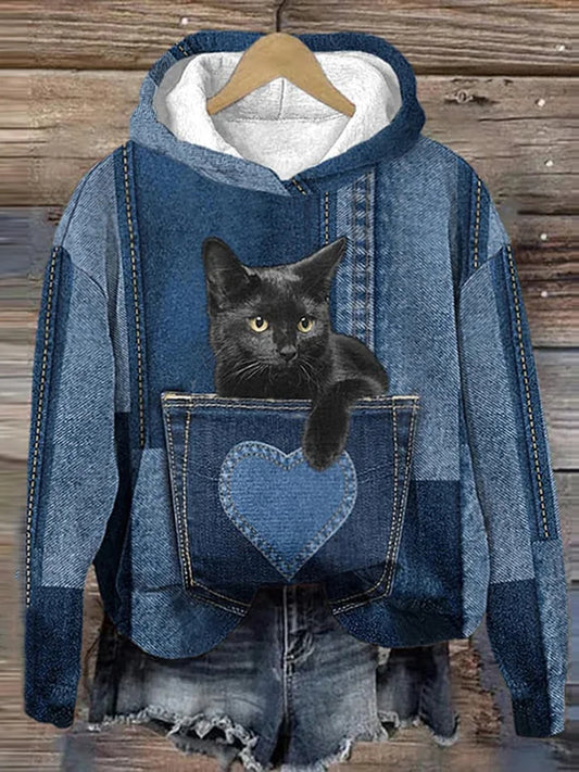 Unisex Denim Pocket Cat Print Casual Hooded Sweatshirt