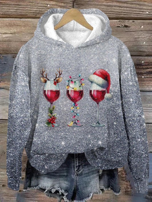 Unisex Wine Glass Santa Hat Pattern Casual Long Sleeve Hooded Sweatshirt