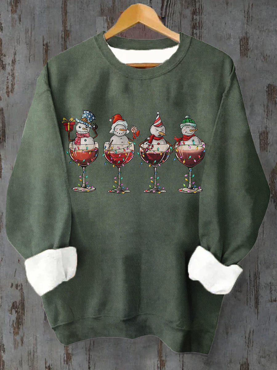 Unisex Wine Glass Snowman Pattern Casual Long Sleeve Crew Neck Sweatshirt