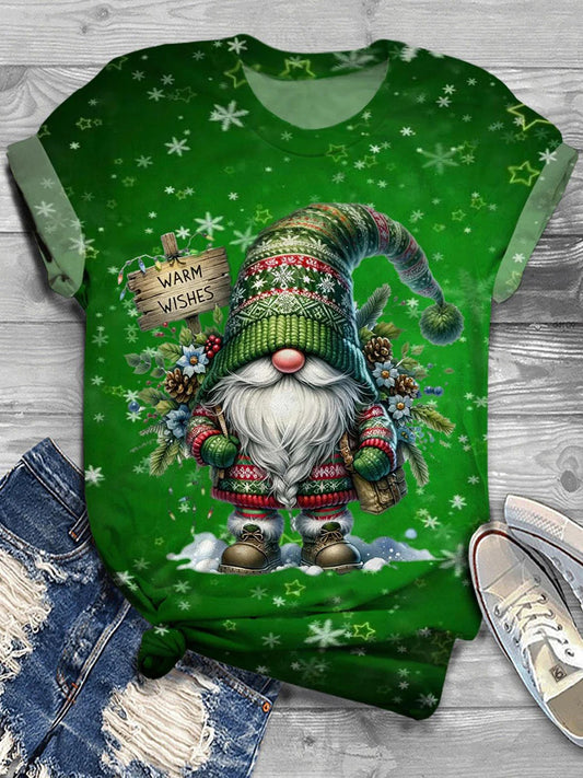 Unisex Christmas Gnome Pattern Casual Round Neck Short Sleeve T-Shirt