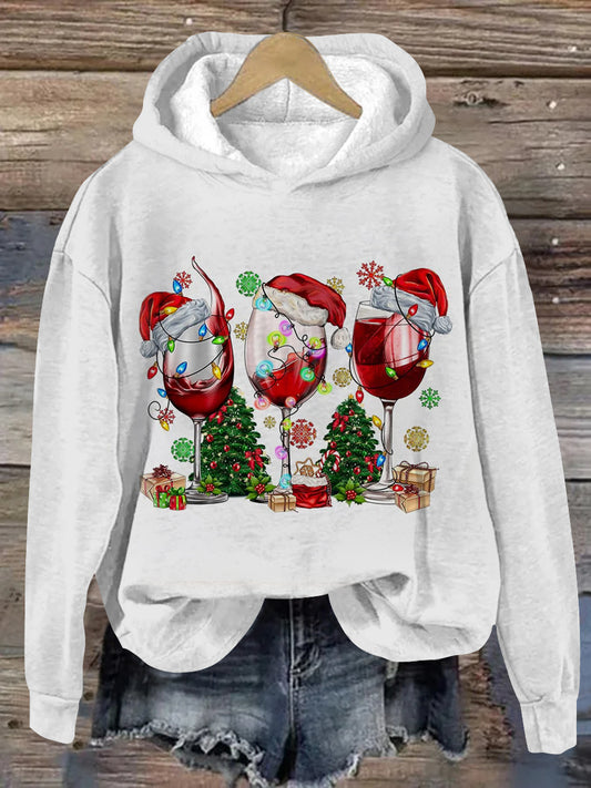 Unisex Wine Glass Santa Hat Pattern Casual Long Sleeve Hooded Sweatshirt