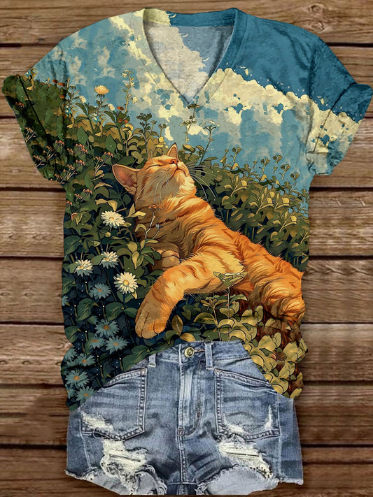 Cat Art Print Unisex V-Neck Short Sleeve Casual T-Shirt