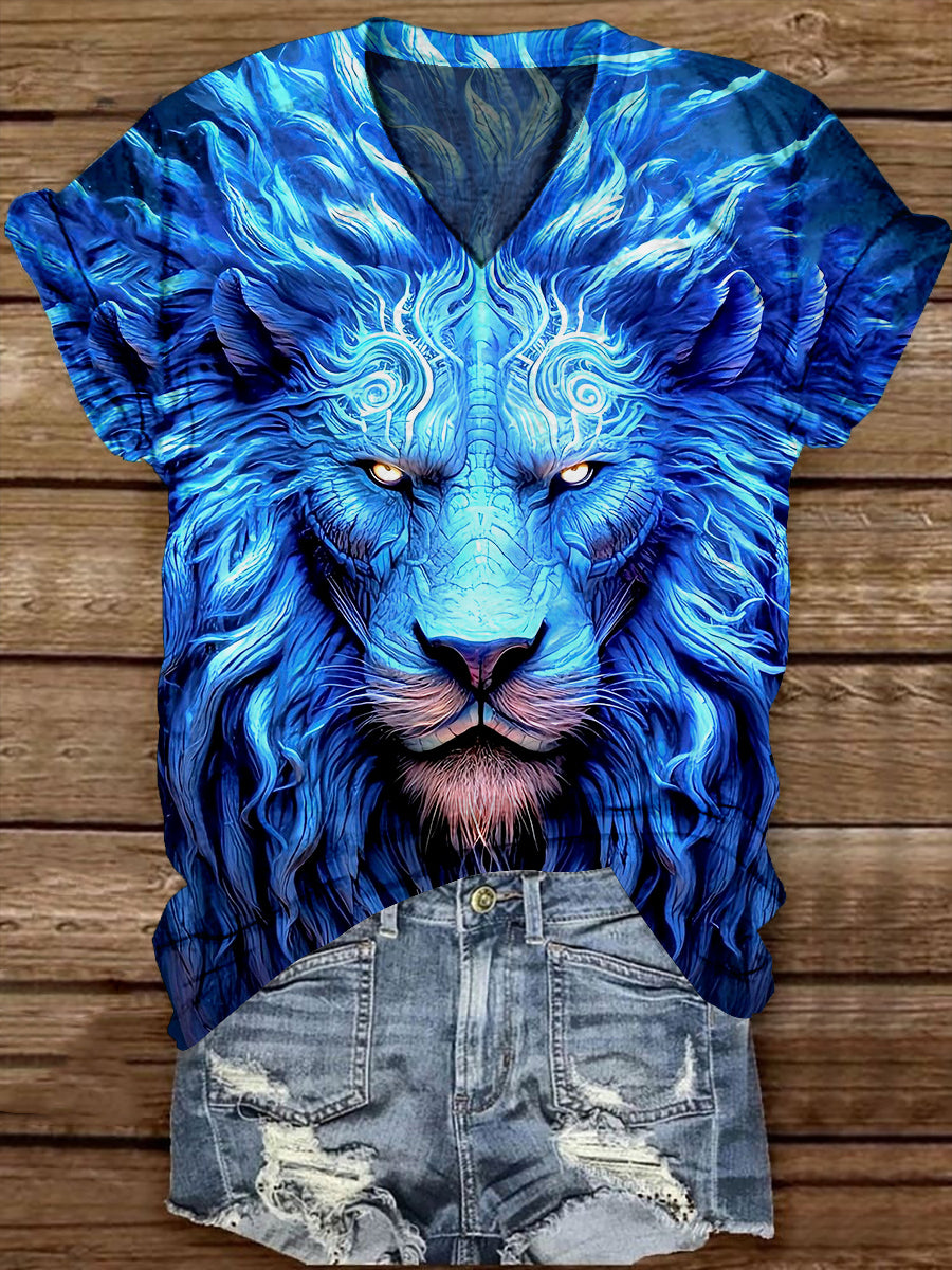 Blue Lion Art Print Unisex V-neck Short Sleeve Casual T-shirt