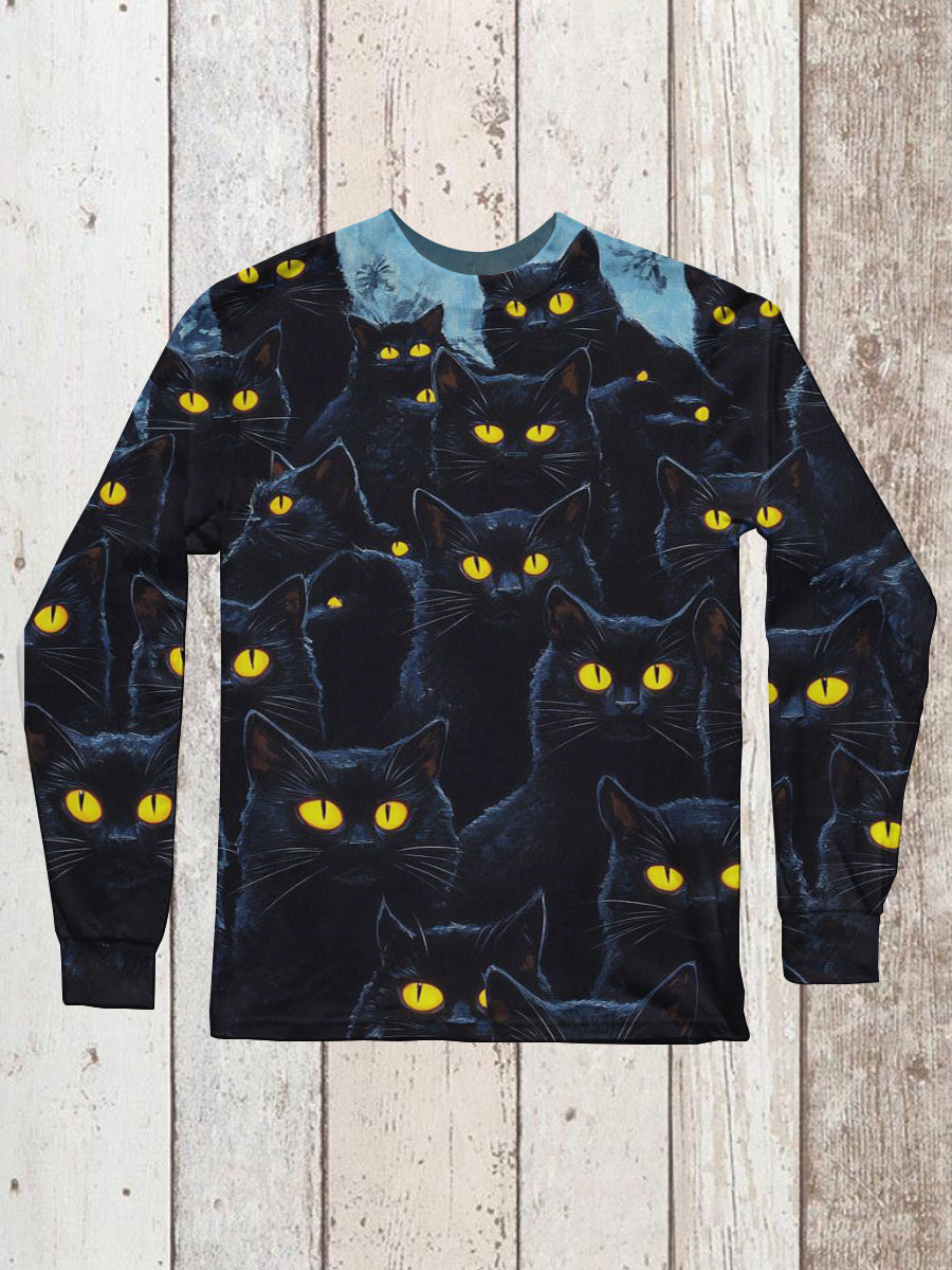 Cat Art Print Unisex Crew Neck Long Sleeve Casual T-Shirt