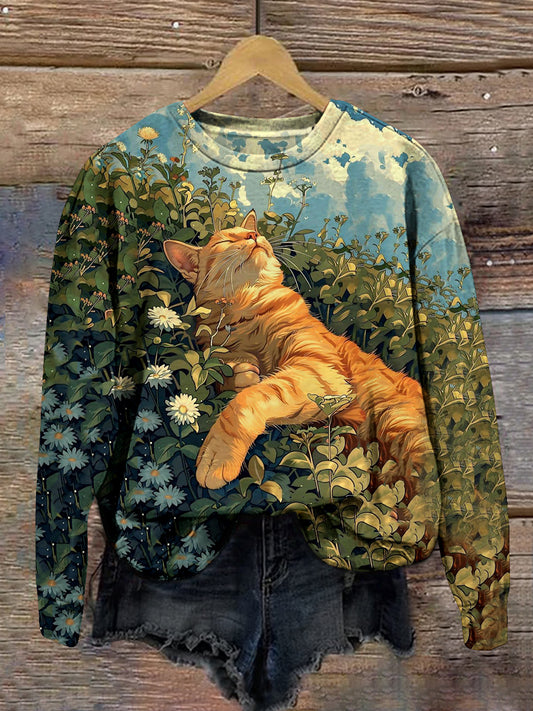 Cat Art Print Unisex Crew Neck Long Sleeve Casual Sweatshirt