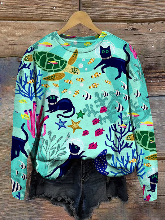 Cat Art Print Unisex Crew Neck Long Sleeve Casual Sweatshirt