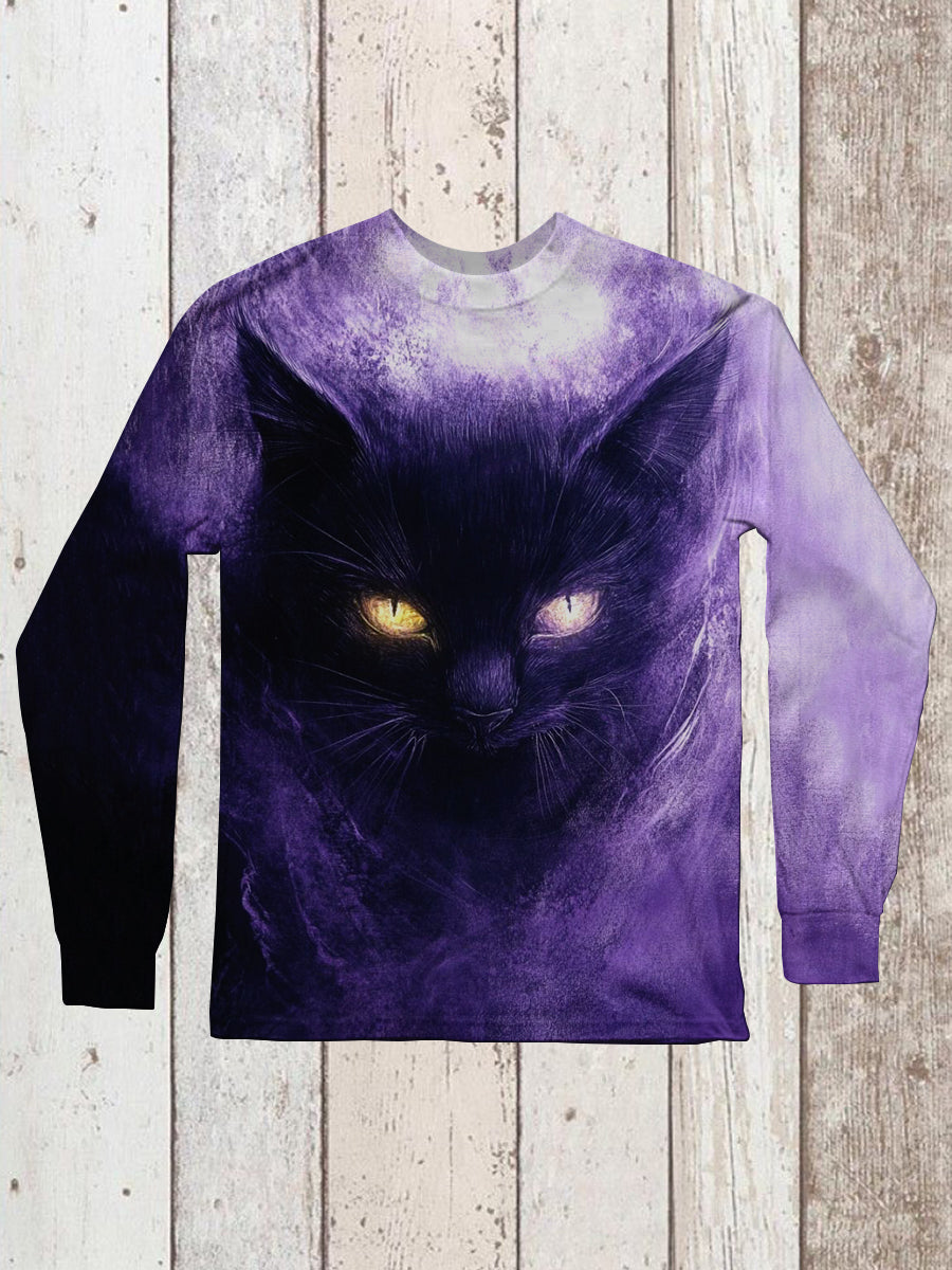 Cat Art Print Unisex Crew Neck Long Sleeve Casual T-Shirt