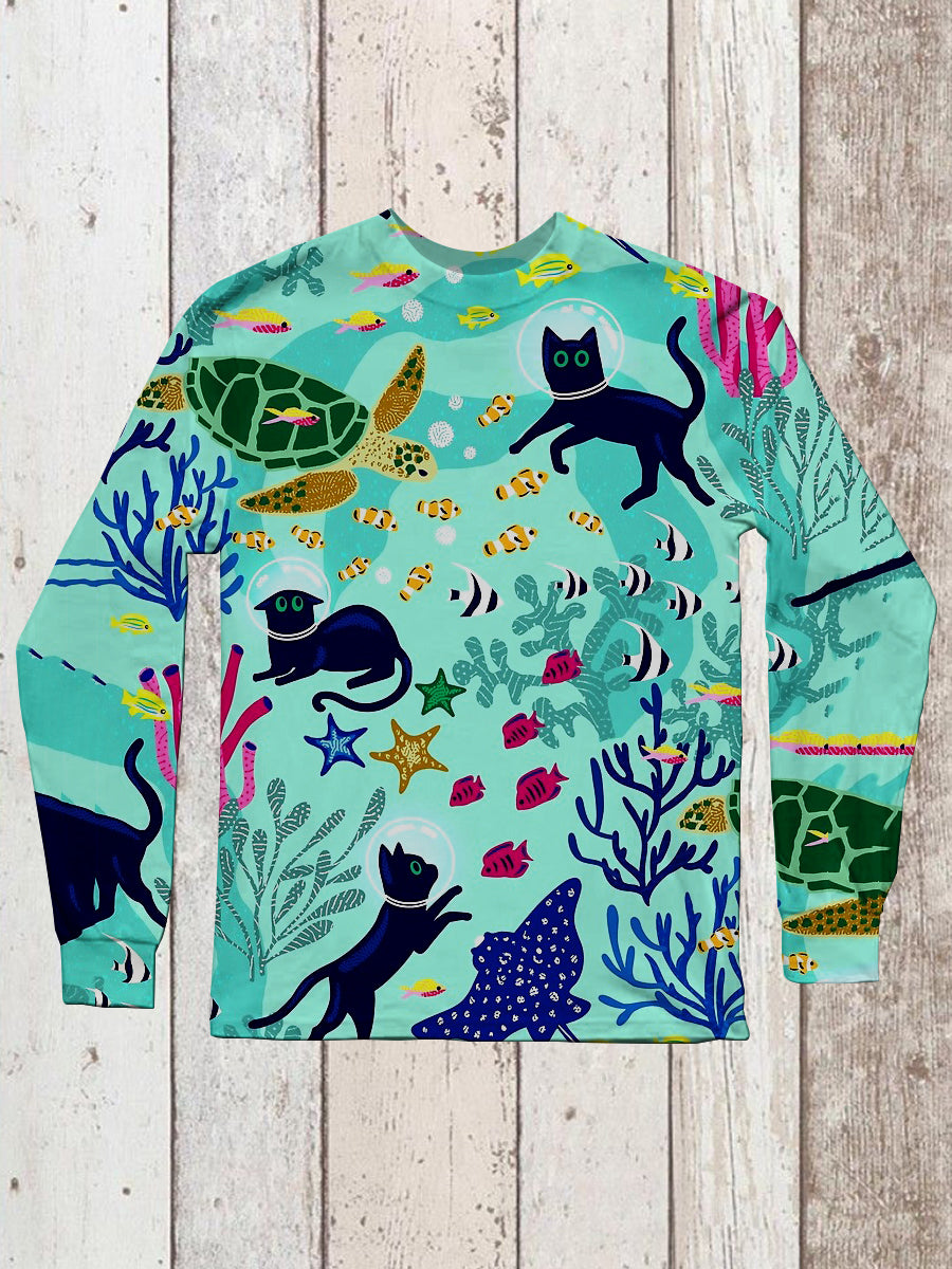 Cat Art Print Unisex Crew Neck Long Sleeve Casual T-Shirt