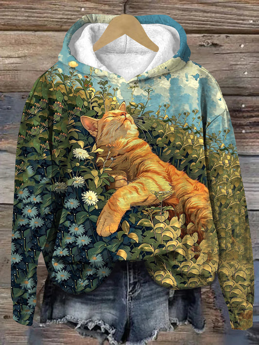 Cat Art Print Unisex Long Sleeve Casual Hooded Sweatshirt