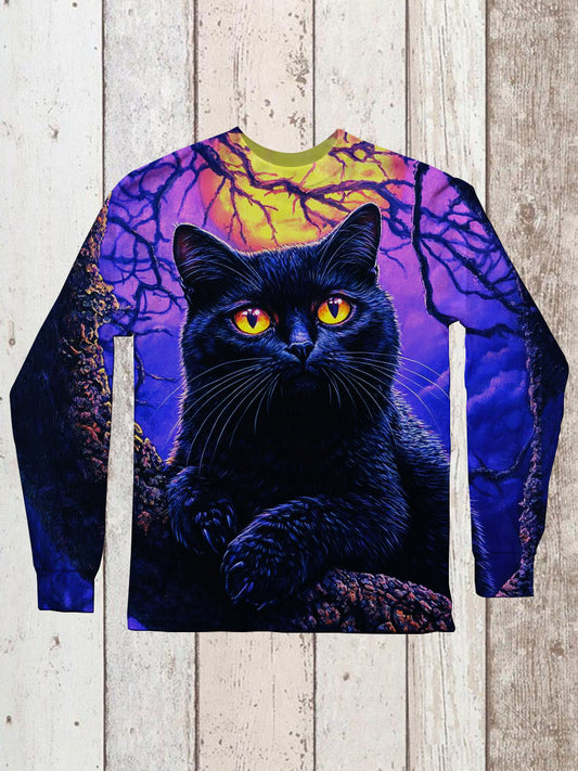 Cat Art Print Unisex Crew Neck Long Sleeve Casual T-Shirt