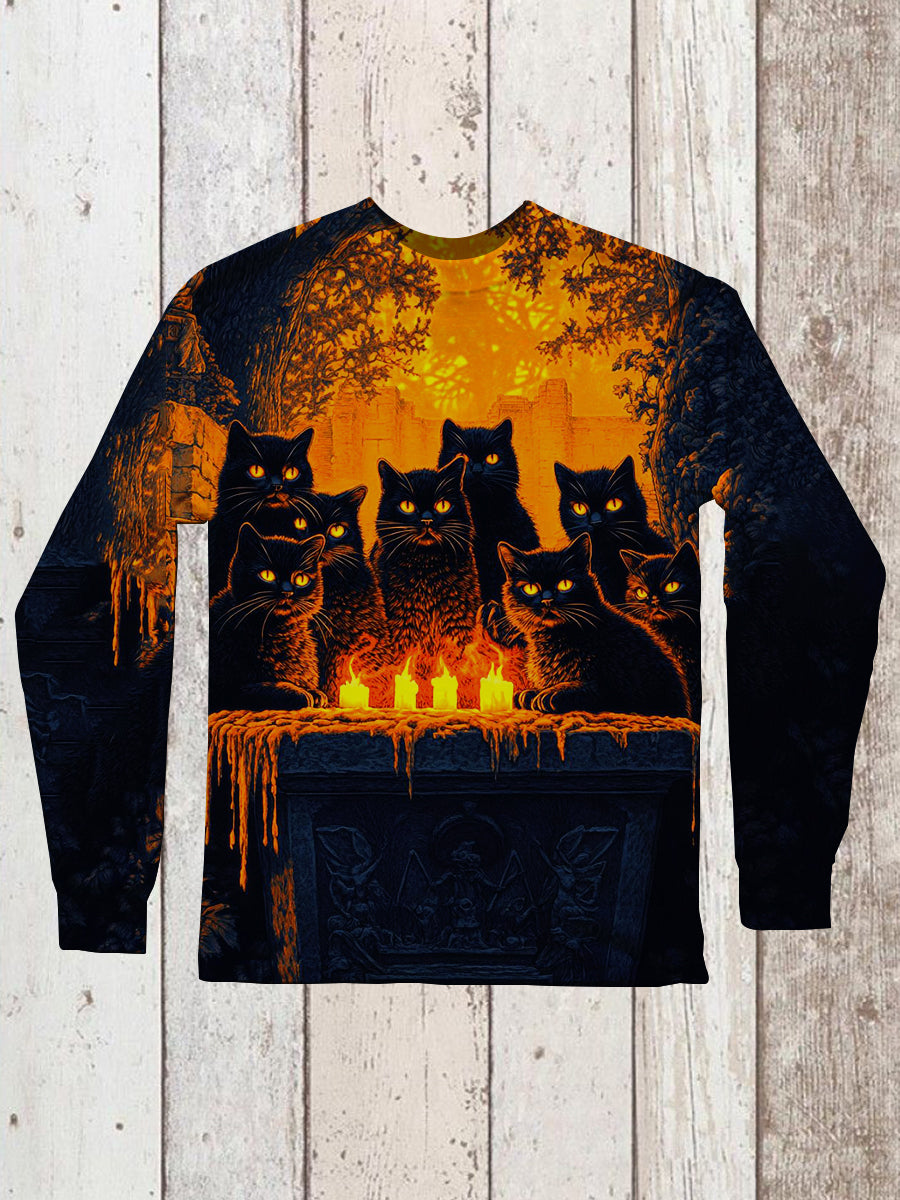 Cat Art Print Unisex Crew Neck Long Sleeve Casual T-Shirt