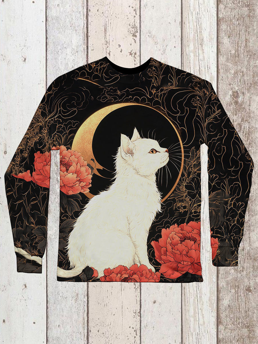 Cat Art Print Unisex Crew Neck Long Sleeve Casual T-Shirt