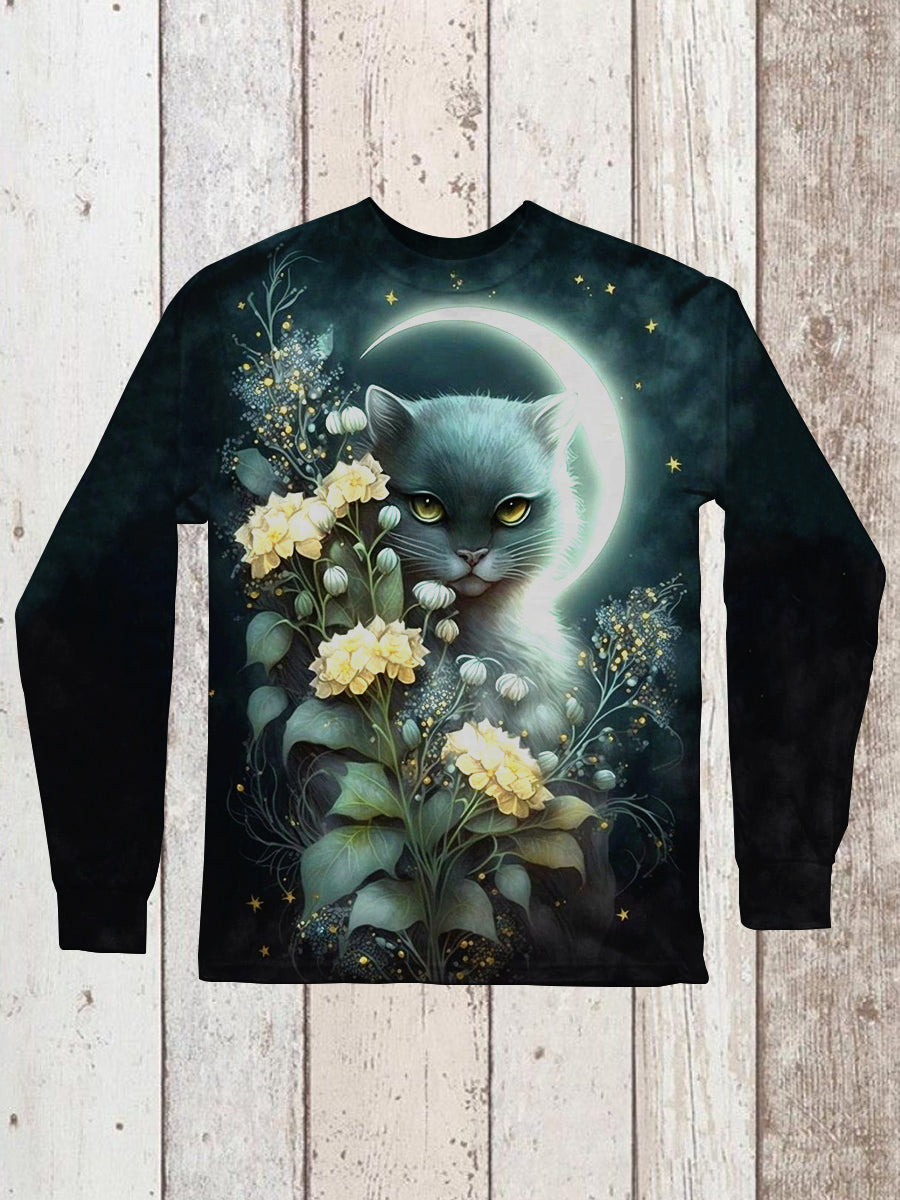 Cat Art Print Unisex Crew Neck Long Sleeve Casual T-Shirt