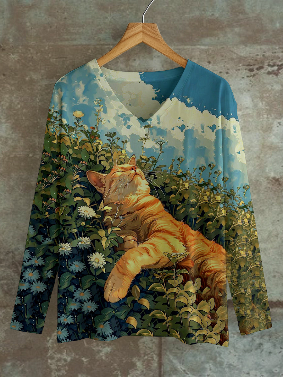 Cat Art Print Unisex V-Neck Long Sleeve Casual T-Shirt