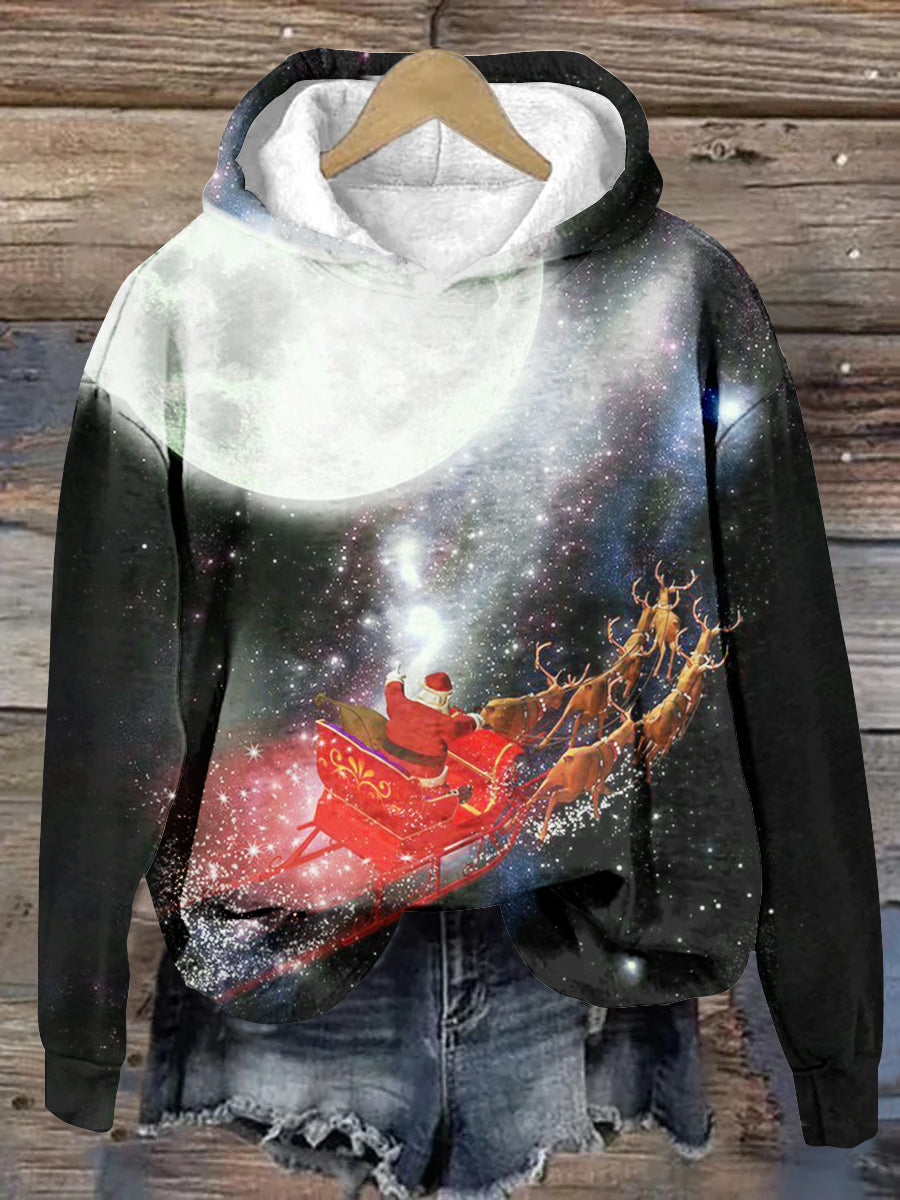 Unisex Moon Christmas Carriage Pattern Casual Long Sleeve Casual Hooded Sweatshirt