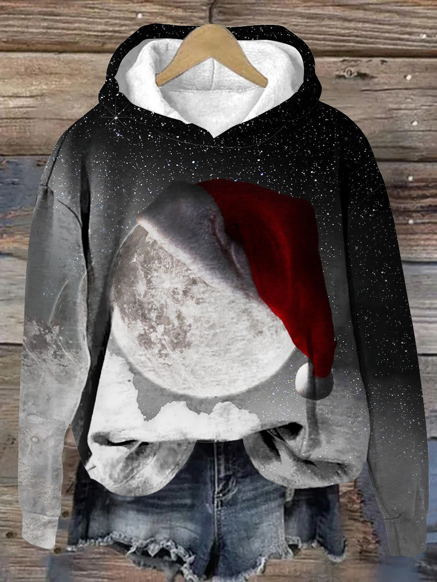 Unisex Moon Santa Hat Pattern Casual Long Sleeve Casual Hooded Sweatshirt