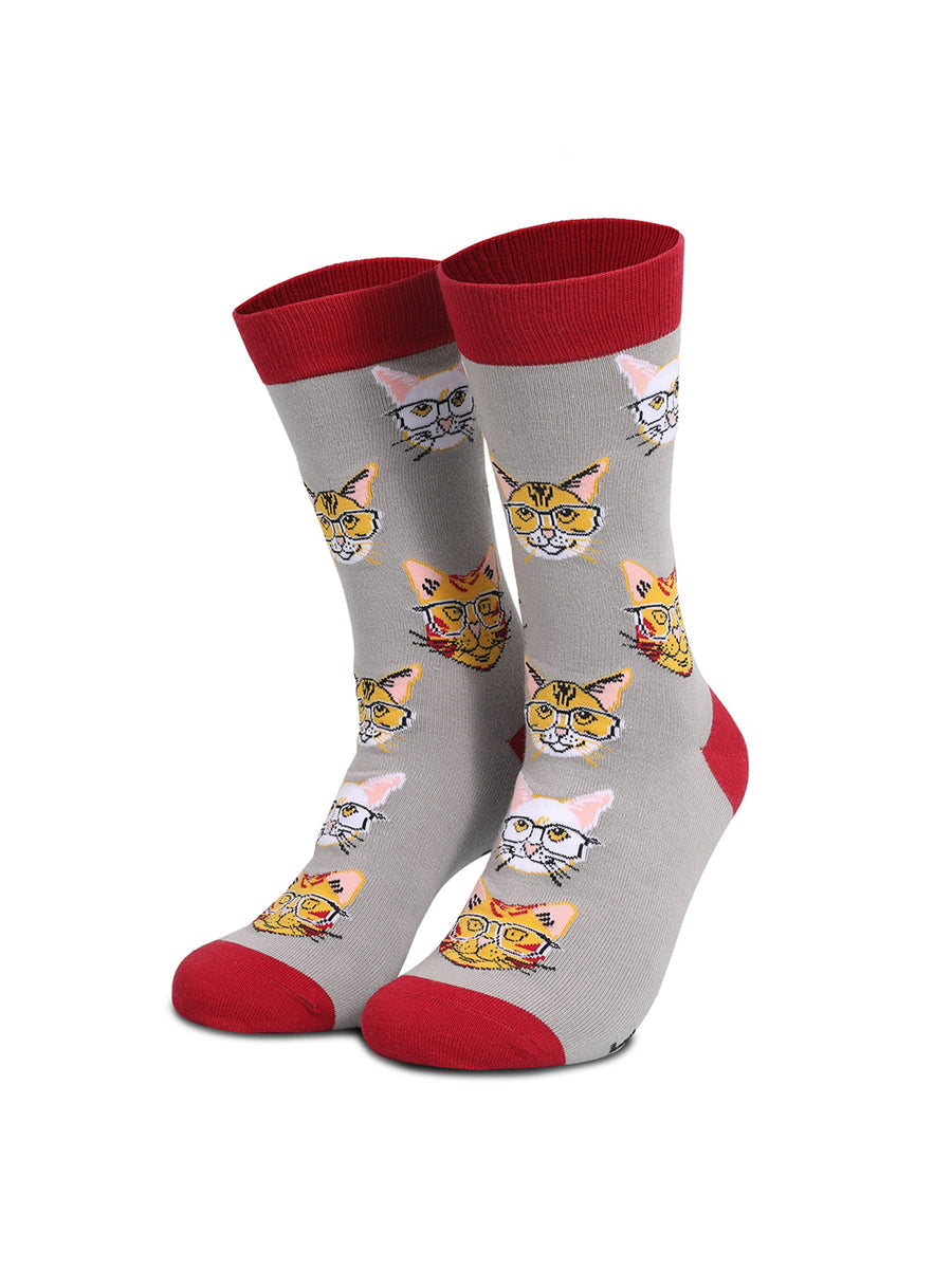 Unisex Cat Print Color Block Thermal Stockings