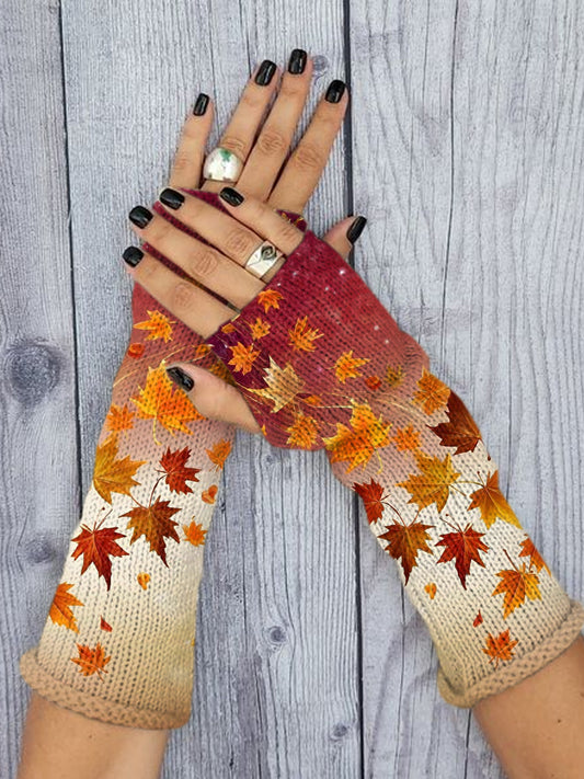 Women's Vintage Maple Leaf Print Knit Gloves