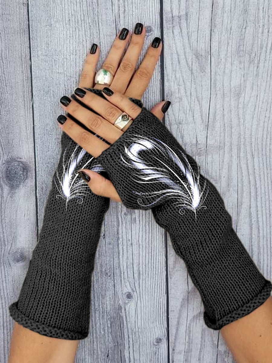 Women's Vintage Feather Print Knit Gloves