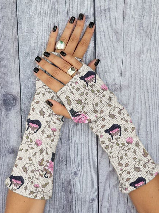 Women's Vintage Cat Floral Print Knit Gloves