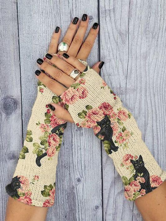 Women's Vintage Cat Floral Print Knit Gloves