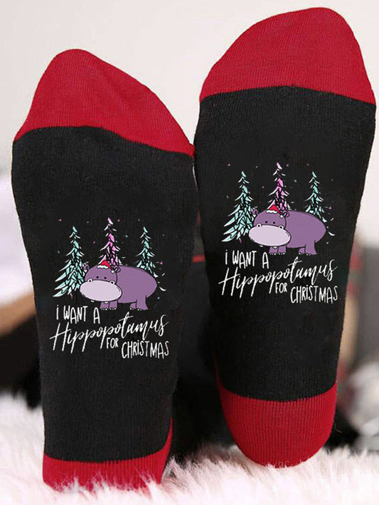 Unisex Hippo Print Color Block Thermal Stockings