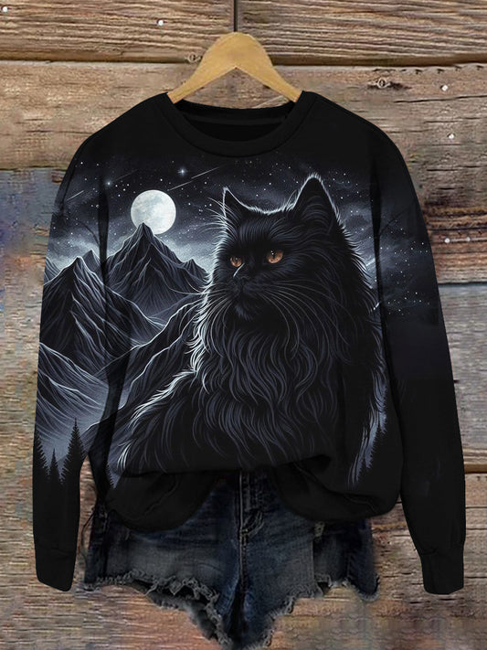 Cat Retro Print Unisex Crew Neck Long Sleeve Casual Sweatshirt