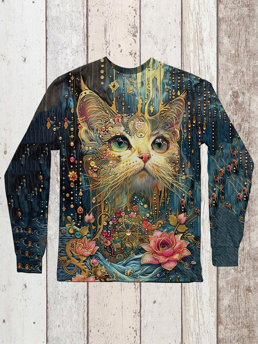 Cat Art Print Unisex Crew Neck Long Sleeve Casual T-Shirt