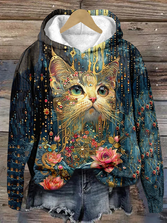 Cat Art Print Unisex Long Sleeve Casual Hooded Sweatshirt