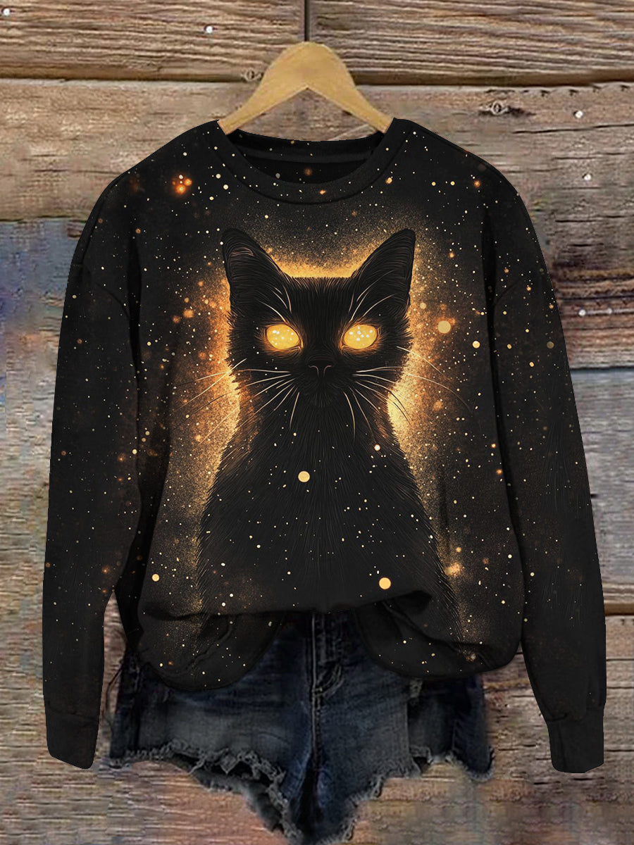 Cat Retro Print Unisex Crew Neck Long Sleeve Casual Sweatshirt