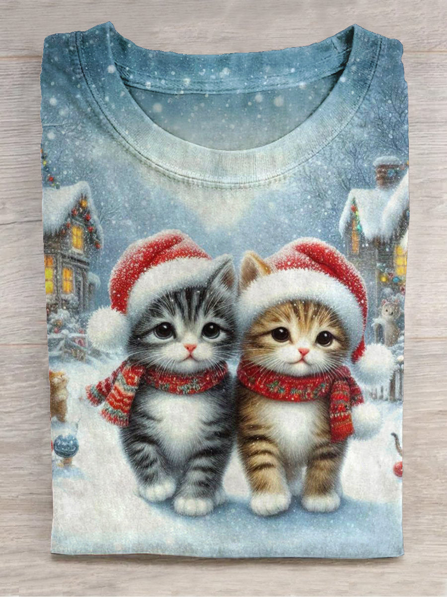 Cute Cat Christmas Print Unisex Crew Neck Short Sleeve Casual T-Shirt