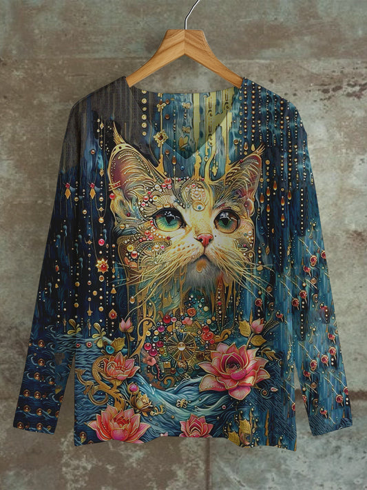 Cat Art Print Unisex V-Neck Long Sleeve Casual T-Shirt