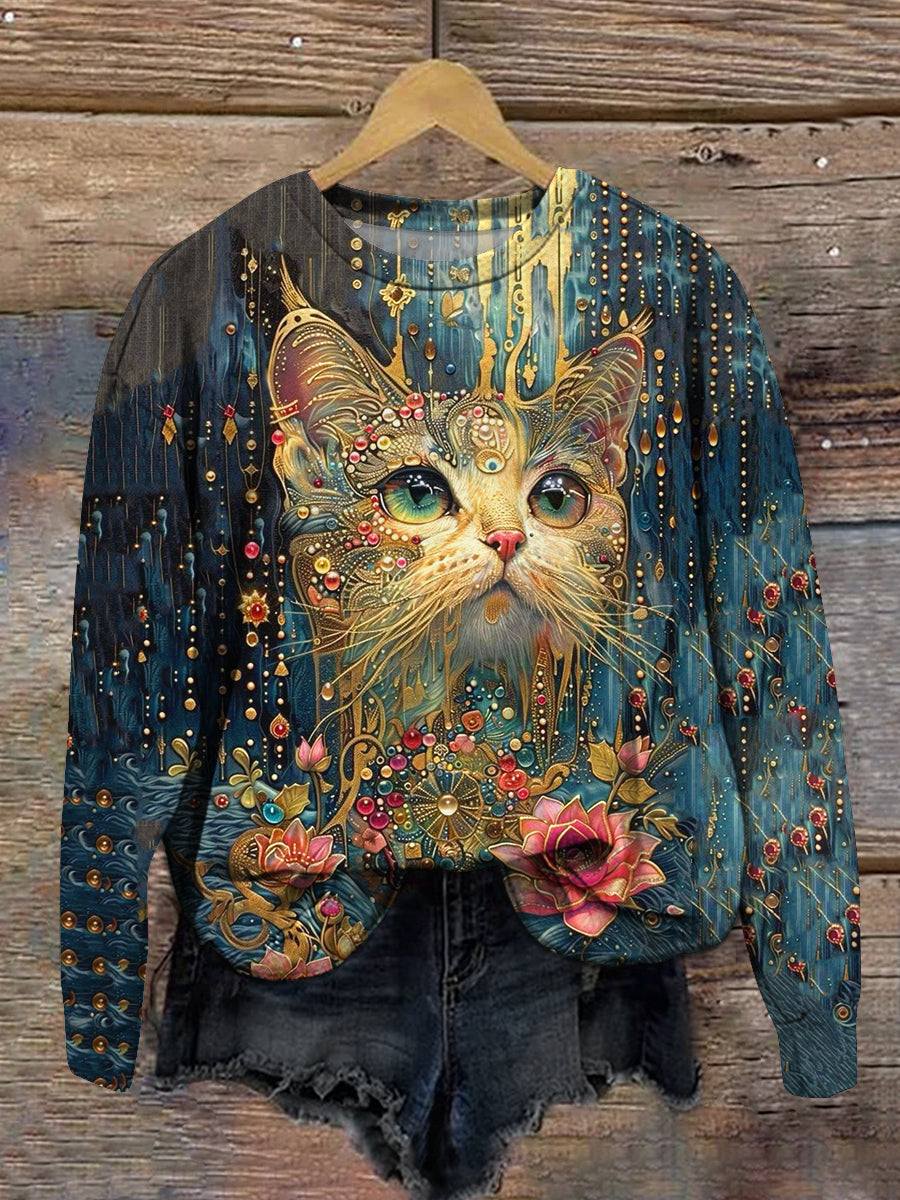 Cat Art Print Unisex Crew Neck Long Sleeve Casual Sweatshirt