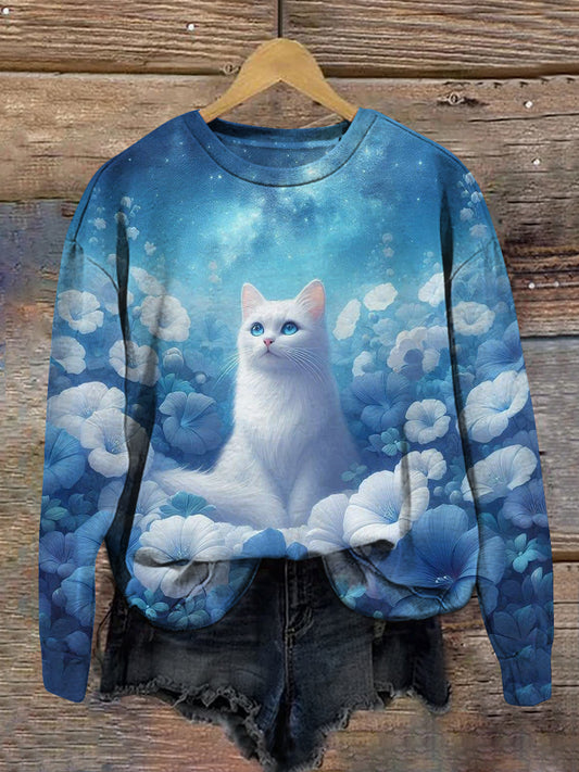 Cat Floral Print Unisex Crew Neck Long Sleeve Casual Sweatshirt