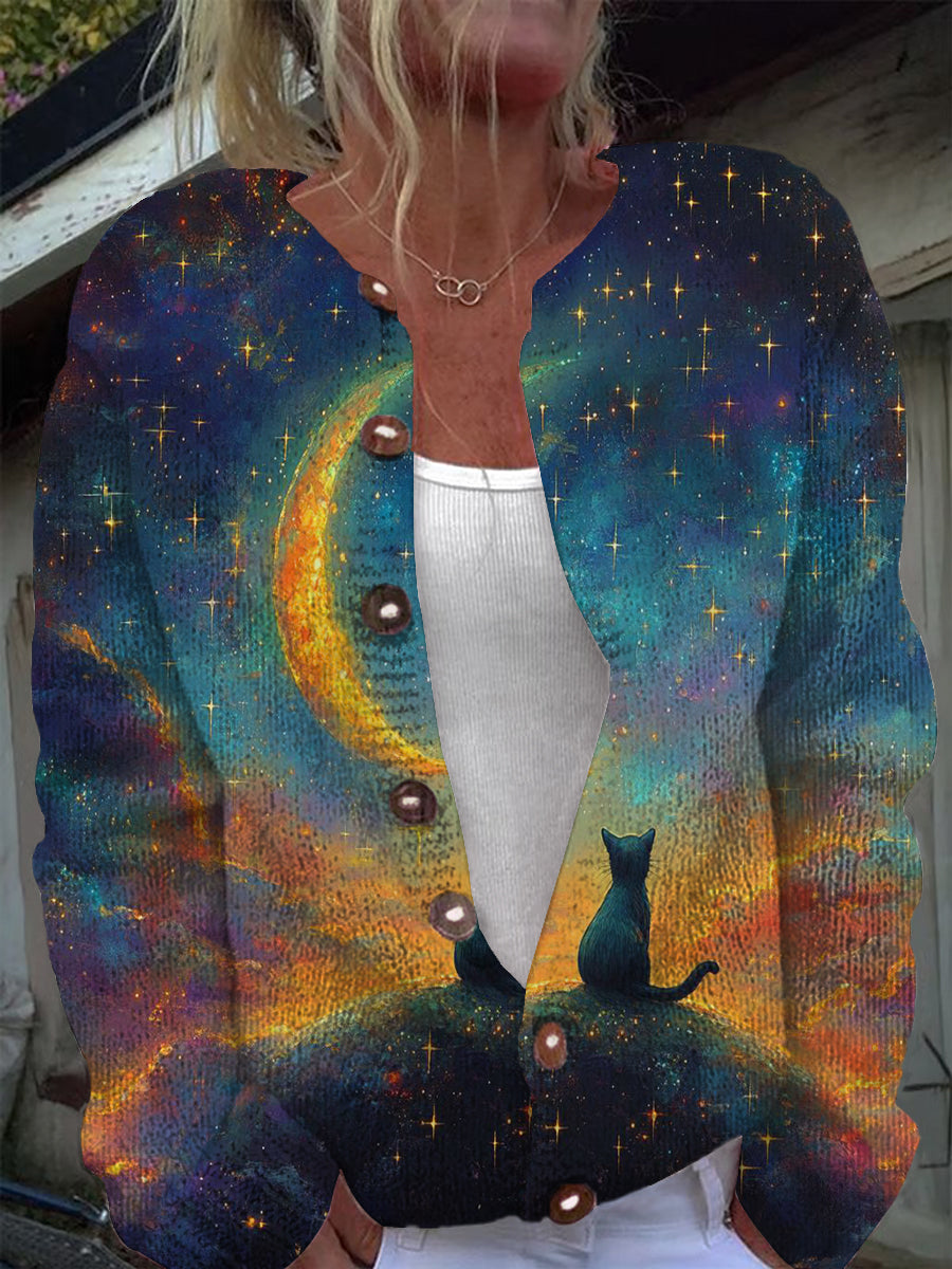 Cat Art Print Women's Casual Long Sleeve Knit Cardigan