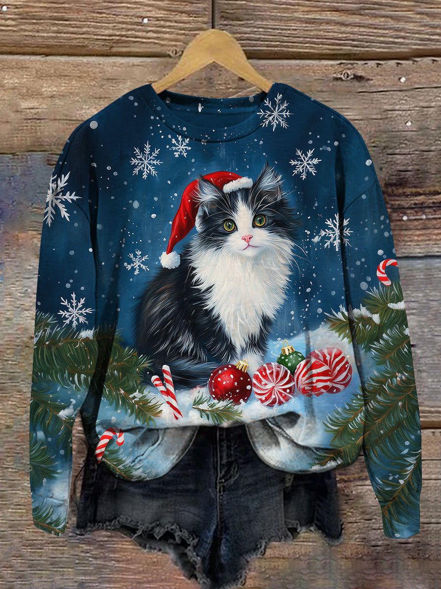 Cat Christmas Print Unisex Crew Neck Long Sleeve Casual Sweatshirt