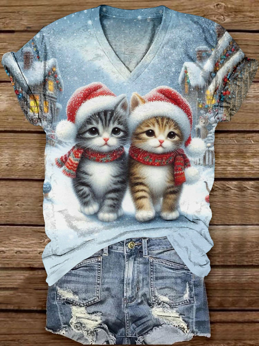 Cute Cat Christmas Print Unisex V-Neck Short Sleeve Casual T-Shirt