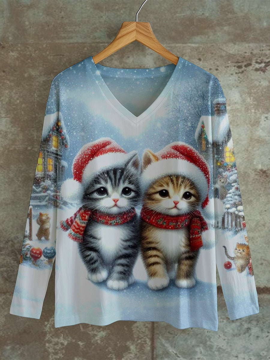 Cute Cat Christmas Print Unisex V-Neck Long Sleeve Casual T-Shirt