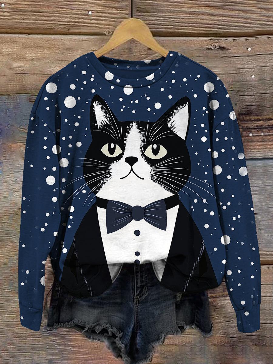 Cat Christmas Snowflake Art Print Unisex Crew Neck Long Sleeve Casual Sweatshirt