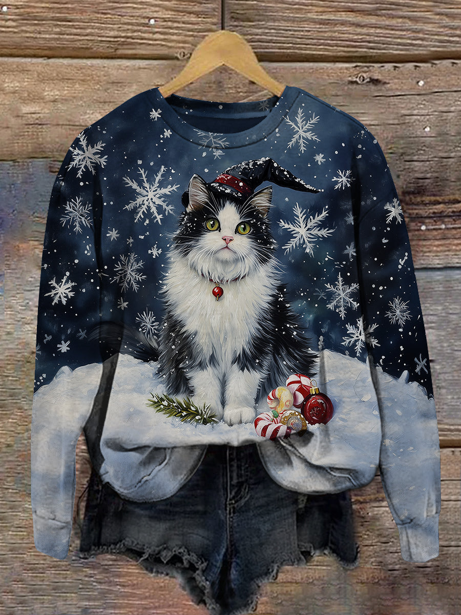 Cat Christmas Print Unisex Crew Neck Long Sleeve Casual Sweatshirt