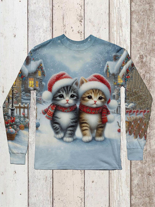 Cute Cat Christmas Print Unisex Round Neck Long Sleeve Casual T-Shirt