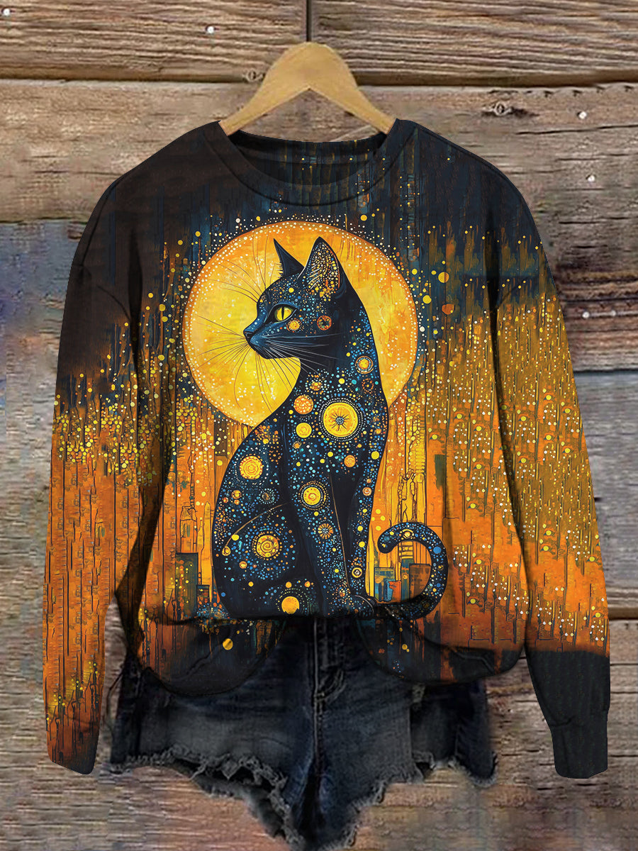 Cat Retro Print Unisex Crew Neck Long Sleeve Casual Sweatshirt