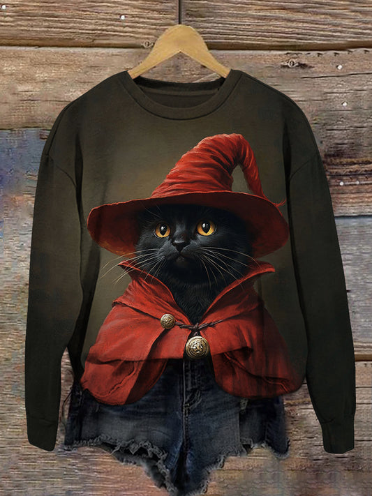 Cat Red Robe Christmas Print Unisex Round Neck Long Sleeve Casual Sweatshirt