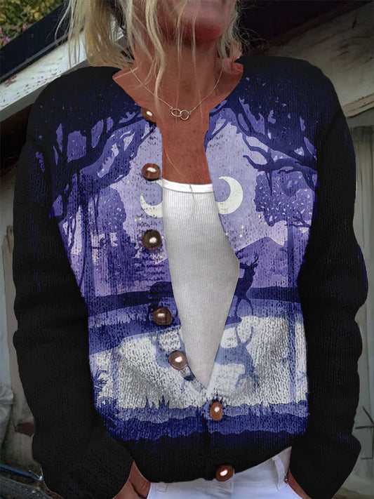 Christmas Night Purple Forest Print Women's Casual Long Sleeve Knitted Cardigan